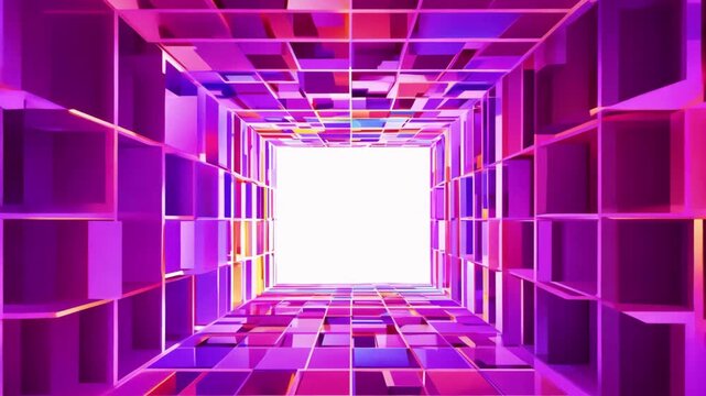 A colorful 3D tunnel constructed from modular cube shelves or boxes, shifting through a rainbow of colors.