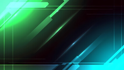 A vibrant abstract background with neon green and blue lines on a dark gradient
