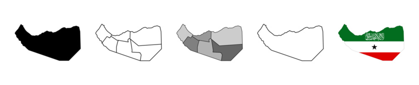 Somaliland map icon set. In silhouette, states outline, flag map styles. vector illustration