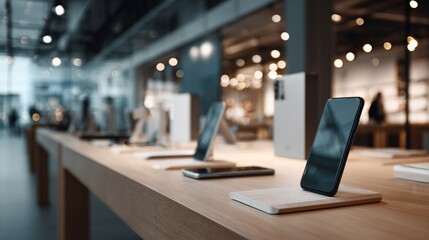 modern smartphones on the table in modern shop