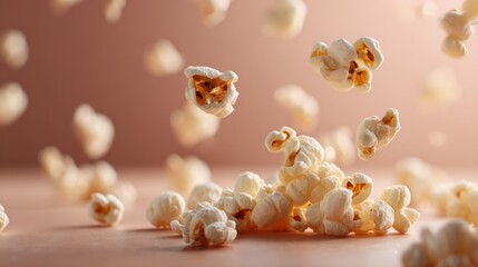 close up of popcorn flying on pink background with copy space