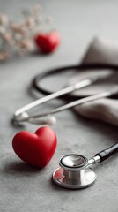 stethoscope and red heart on grey background