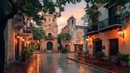 Colonial architecture and empty street scene at dusk in historical city center