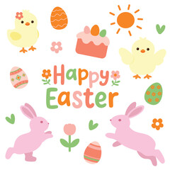 Happy easter cute clipart set with bunny chick eggs Happy easter illustration set with bunny chicks and eggs Cute happy easter clipart with spring animals and cake