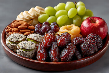 Delicious fruit and nut platter with dates, grapes, and apple