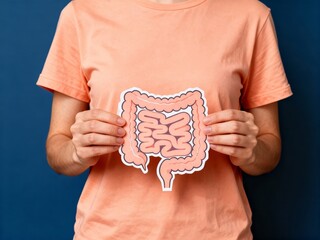 Woman in peach t-shirt holding paper intestine cutout over stomach on blue background