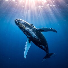 Large whale swims upwards in deep blue ocean waters, sun above