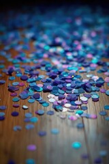 Obraz premium Colorful glittery circular confetti scattered across a wooden surface. Concept Colorful Confetti, Glitter, Circular Confetti, Wooden Surface, Flat Lay