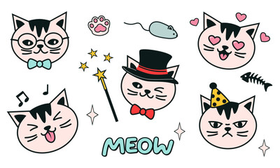 Funny cat face sticker set with expressions, hearts and accessories, vector illustration