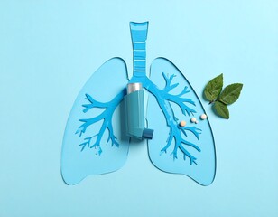 Medical illustration of lungs with an inhaler, pills, and green leaves