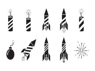 Fototapeta premium Variety of black silhouette fireworks and explosives depicted in a minimalist graphic design