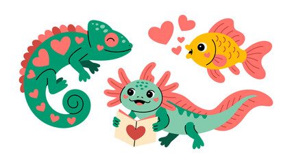 Obraz premium Love in Critter World: Adorable depictions of a chameleon, an axolotl, and a goldfish expressing their affections in a charming display of love and joy, with hearts conveying the theme of romance. 