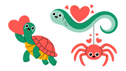 Whimsical Creature Hearts: A trio of adorable creatures &ndash; a cheerful turtle, a charming snake, and a cute spider - each with their own unique style, surround by heart.