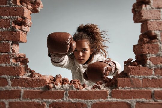girl in boxing gloves punches a brick wall