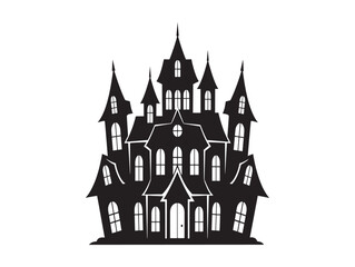 Silhouette of a spooky haunted mansion with multiple towers and gothic architectural details