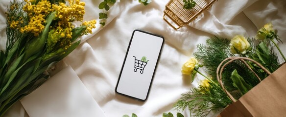 The Smartphone with Shopping Cart App Surrounded by Yellow Flowers and Paper Bag