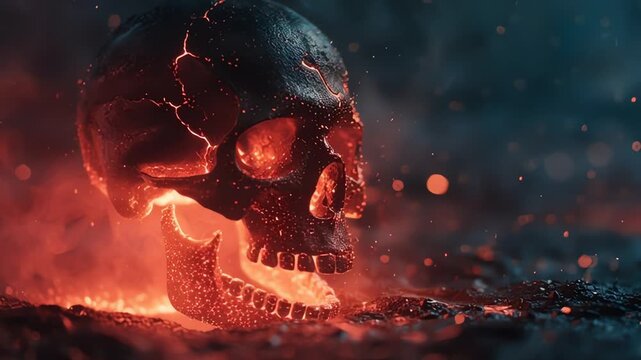 Molten Glowing skull emoji on Volcanic Ground Dark Horror Scene