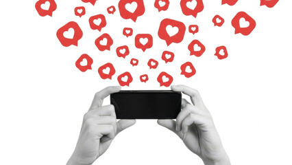 Person hands holding a smartphone in horizontal position with many red heart like notification icons flying out from the screen on a white background