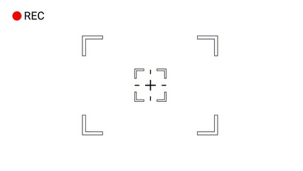 Camera viewfinder interface with focus grid and red recording indicator icon on white background for video production concept