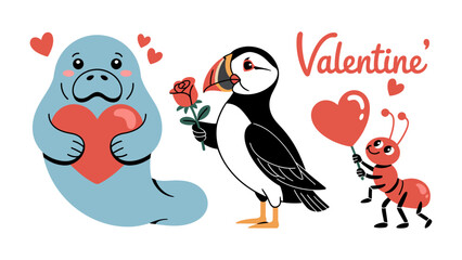 Obraz premium Valentine's Day Greeting: Adorable cartoon sea animals, puffin, and ant embrace the spirit of Valentine's Day. Featuring the sea animal holding a heart, a puffin bearing a rose.