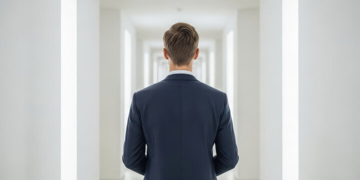 Businessman change new process way conservative improvement old management improve business concept innovative hallway, rear view of male office worker walking forward