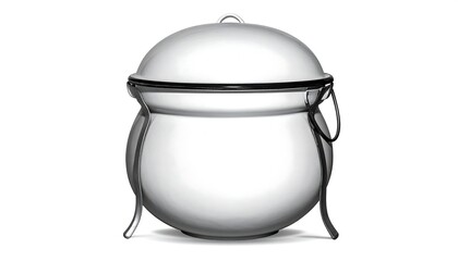 Metallic, round cooking vessel with lid and support stands