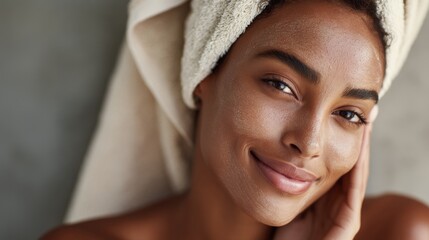 Close-up portrait of an African woman with glowing skin and a clay face mask