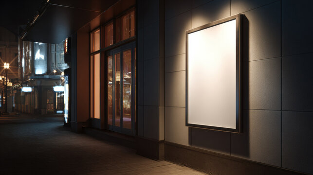 Blank poster illuminated by spotlights on a textured concrete wall in a modern space. A vertical blank poster is mounted on a rough concrete wall, lit by warm spotlights creating dramatic shadows.