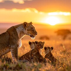 Lions with cubs bask in a golden sunset