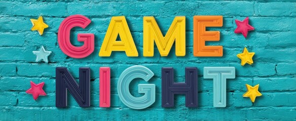 The Game Night sign with colorful 3D letters on teal brick wall