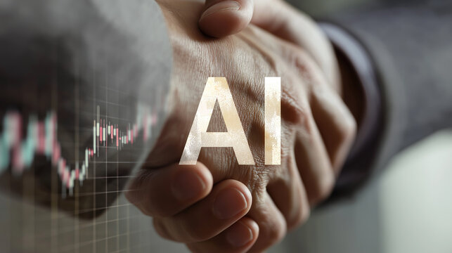 Business handshake overlayed with glowing AI text symbolizes technological partnership. - Powered by Adobe