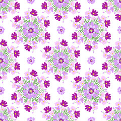 Purple floral pattern. Seamless floral pattern featuring purple and violet cosmos flowers arranged in circular bouquets on a light background, elegant and decorative, perfect for fabric, wallpaper, 