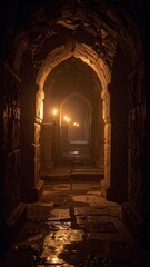 Long, dark, and damp arched hallway with flickering lights