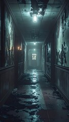 Long, dark corridor with damaged walls and eerie lighting