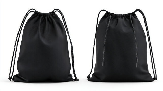 Two black drawstring bags shown from front and back on a white background. A pair of identical black drawstring backpacks displayed side-by-side, offering a clear view of both the front and back.