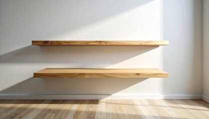 Wooden floating shelf with natural grain mounted on light wall above light-toned floor in minimalist interior.
