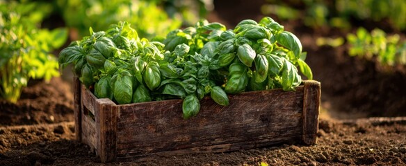 The basil plants in a rustic wooden crate on fertile garden soil at sunrise