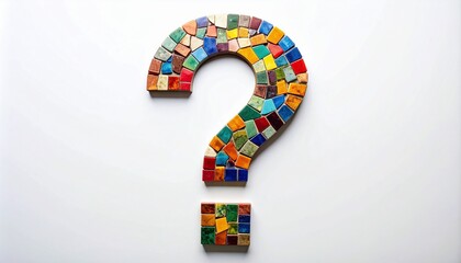 Colorful mosaic question mark composed of irregular tiles on plain white background, evoking artistic curiosity.