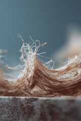 Fototapeta premium Close-up of tangled beige fibers, resembling frayed rope or thread, on a wooden surface. Concept Beige fibers close-up, Tangled frayed fibers, Frayed rope texture on wood