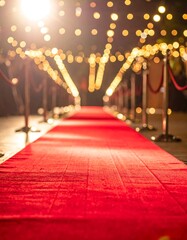 Long red carpet with rope barriers and festive string lights