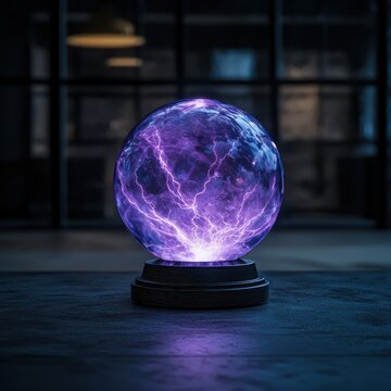 Glowing plasma ball with electric arcs in a dark room