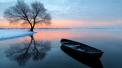 Lone boat on misty lake at sunrise