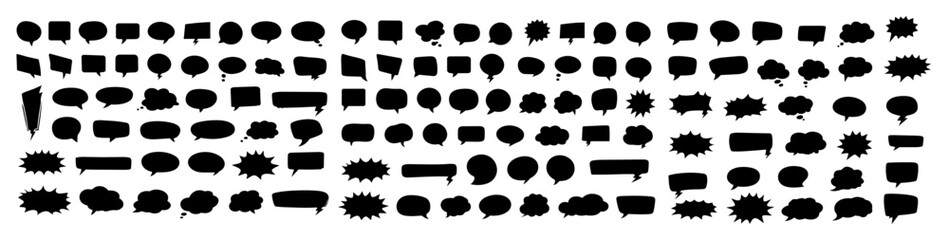 Fototapeta premium Speech bubble silhouette icon set with chat, dialog, comic talk bubbles and thought clouds in black