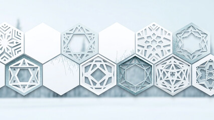 Intricate white hexagonal tiles with geometric patterns, creating a modern atmosphere with natural lighting and shallow depth of field