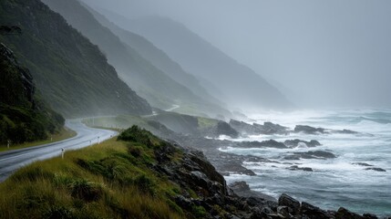 Misty coastal road scene with ocean waves and lush mountains
