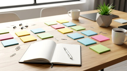 Productive workspace with colorful sticky notes and office supplies on wooden desk