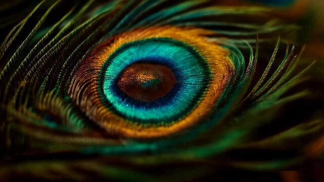 Colorful peacock feathers shown at a market in India with close-up details of the patterns and colors
