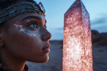 Woman with cosmic face paint and crystal headdress gazes upward.
