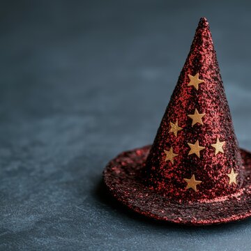 Sparkling red witch hat with gold stars