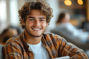 Young Student in Plaid Shirt Smiling While Studying